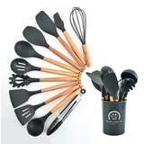 Jogo de Cozinha Kit C/12 Peças Utensílios de Cozinha em Silicone e Cabo de Madeira Antiaderentes