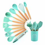 Jogo de Cozinha Kit C/12 Peças Utensílios de Cozinha em Silicone e Cabo de Madeira Antiaderentes