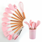 Jogo de Cozinha Kit C/12 Peças Utensílios de Cozinha em Silicone e Cabo de Madeira Antiaderentes