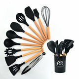 Jogo de Cozinha Kit C/12 Peças Utensílios de Cozinha em Silicone e Cabo de Madeira Antiaderentes